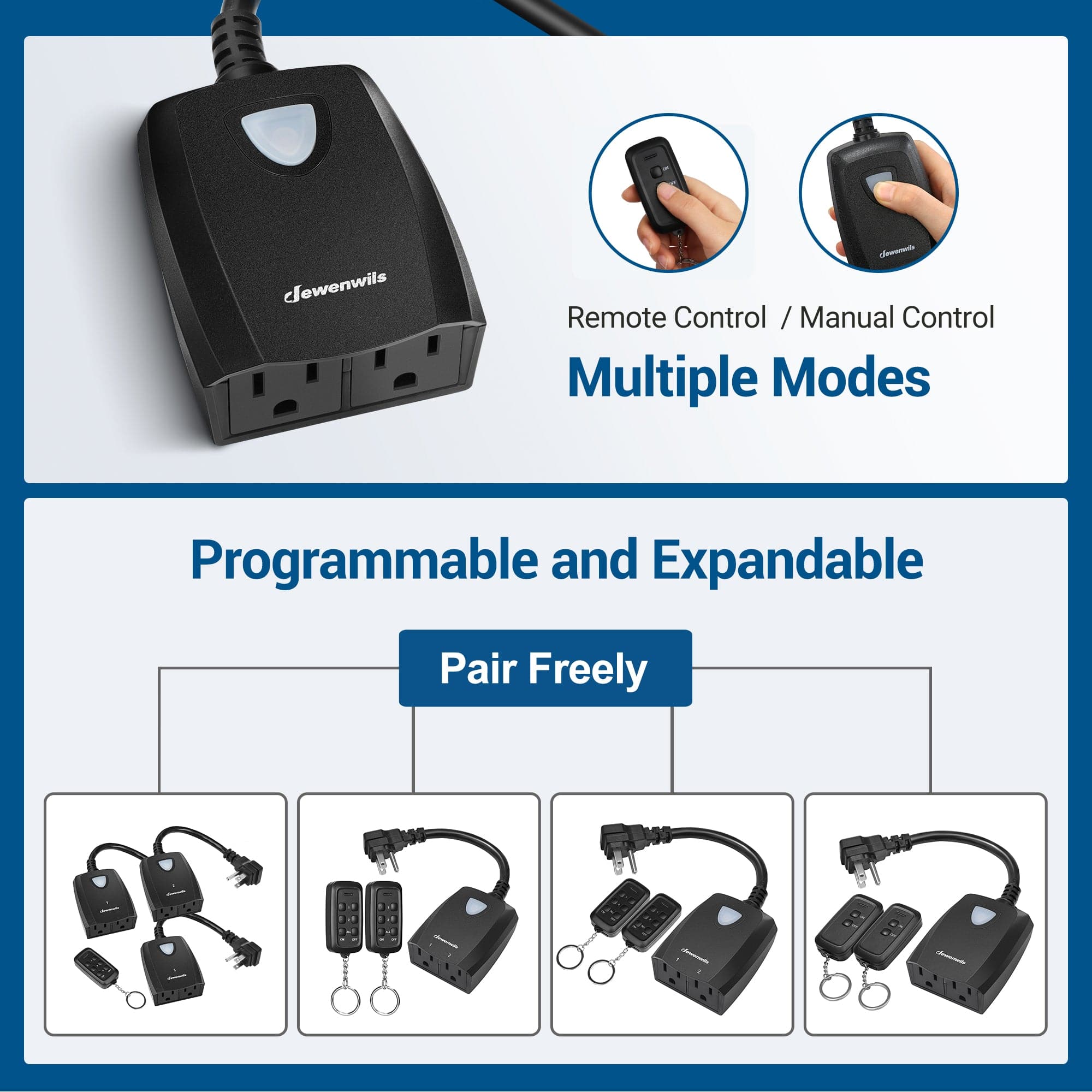 DEWENWILS Waterproof 100ft Programmable Wireless Remote Control Outlet kit (2 Remotes + 1 Outlet)--SHRS201F