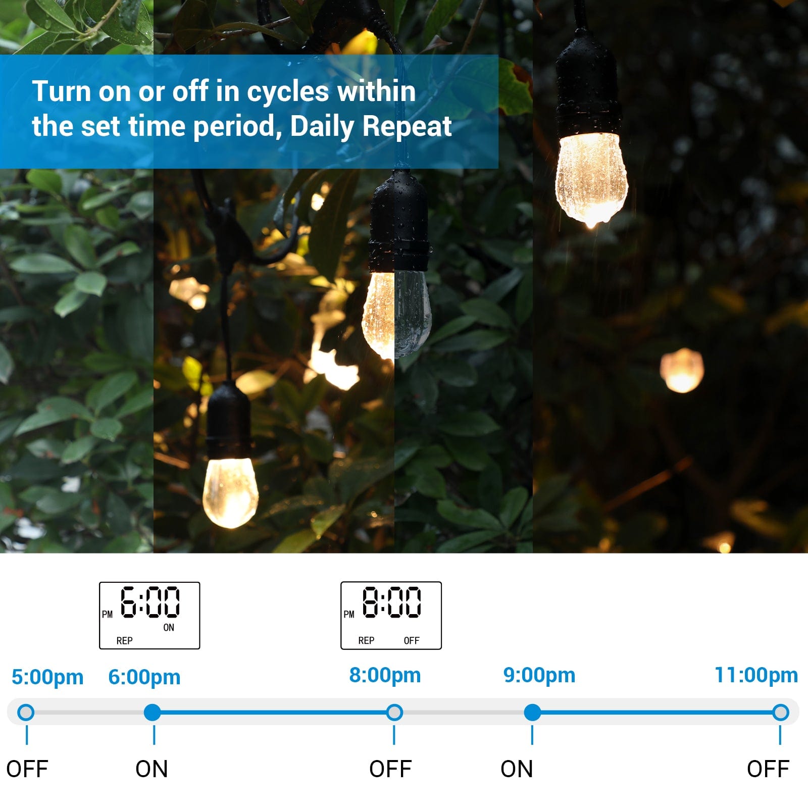 Outdoor Light Timer: Features a daily repeat function to turn devices on or off in cycles within set periods. Perfect for consistent, automated outdoor scheduling.