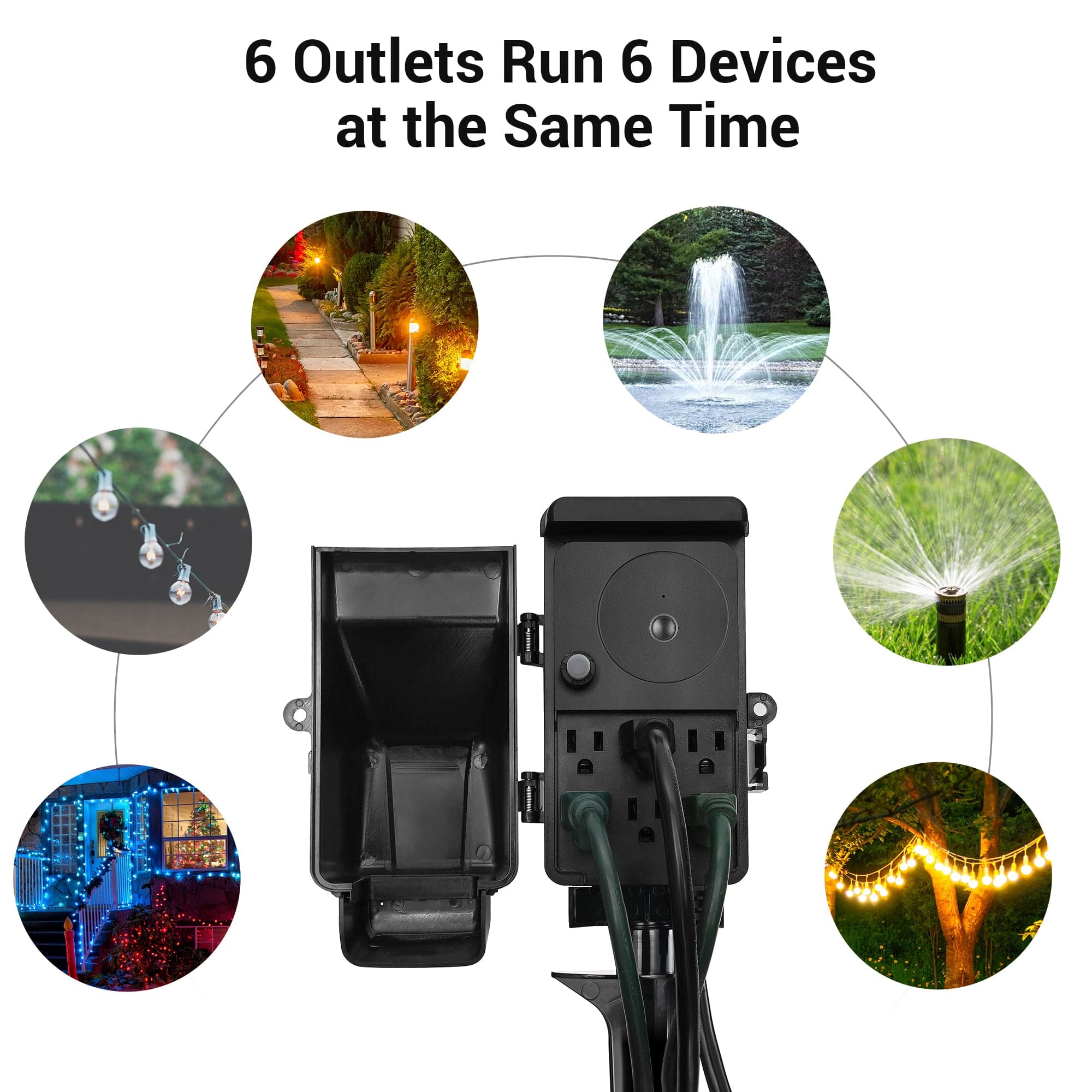 Outdoor Power Stake with Timer: Features 6 Outlets that allow you to run up to 6 devices simultaneously, providing an efficient power solution for multiple outdoor appliances.