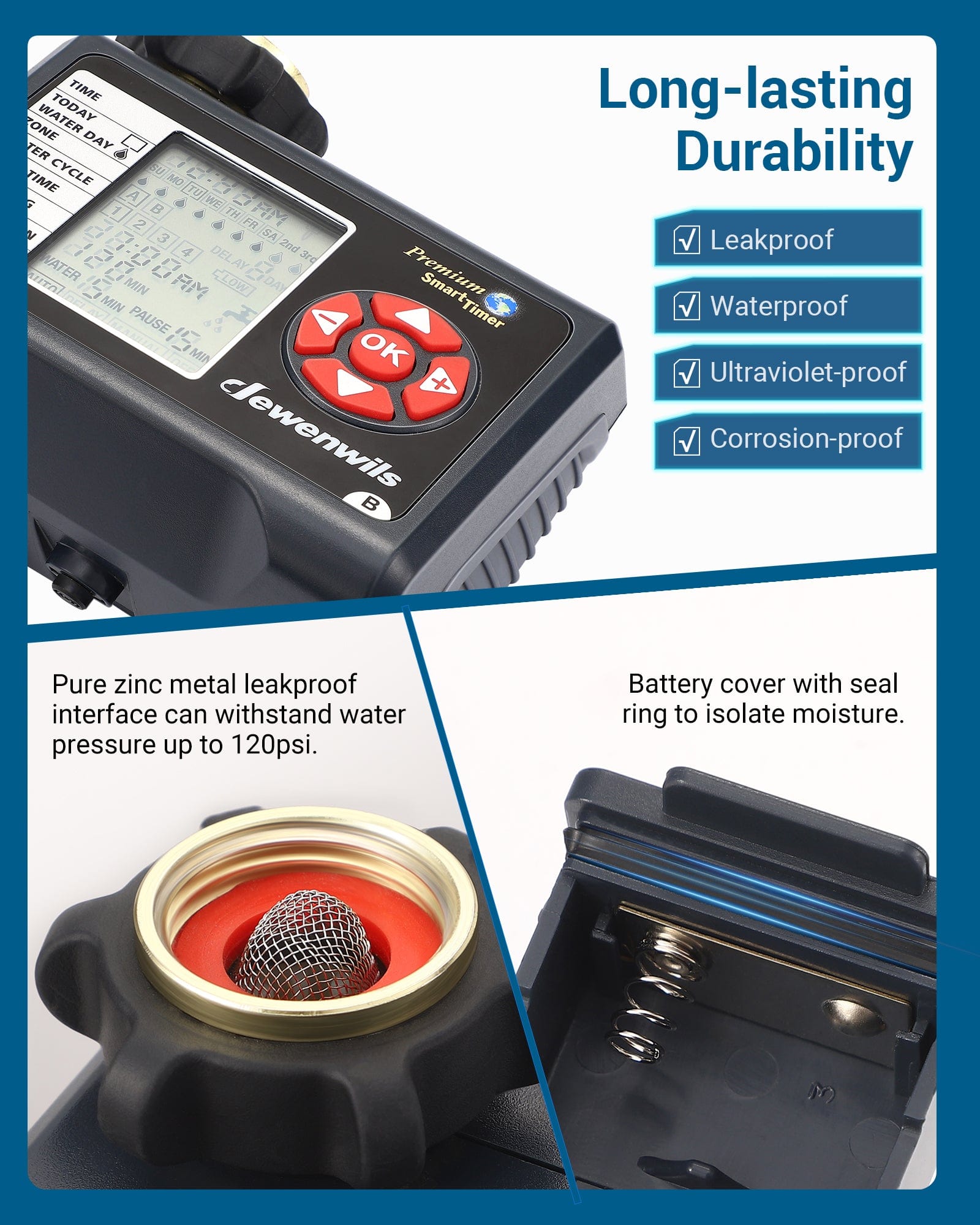 Sprinkler Timer: Long-lasting, leakproof, waterproof, UV- and corrosion-resistant design ensures durable outdoor use.