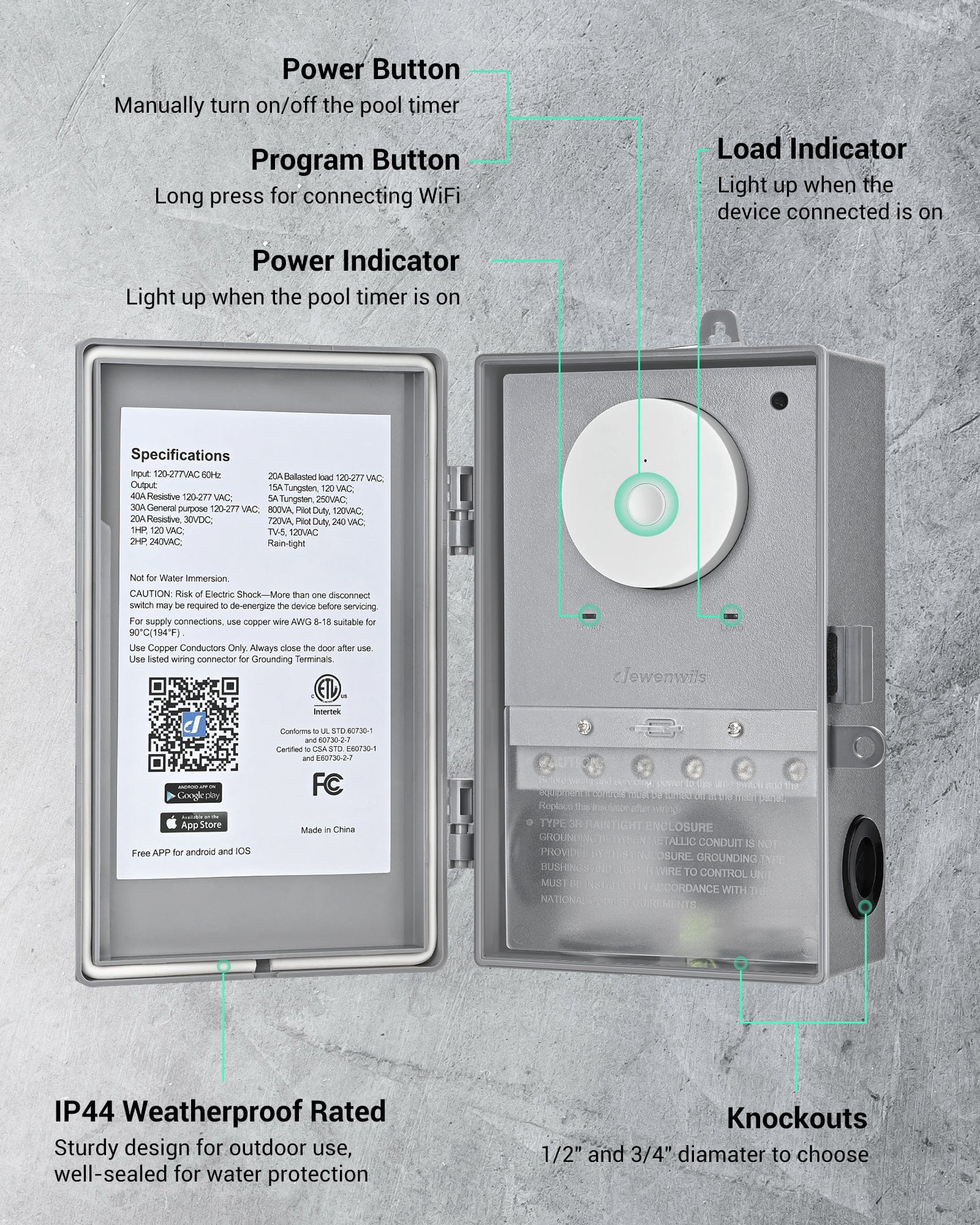 Pool Pump Timer with internal buttons and detailed functional descriptions for easy manual control and smart management.