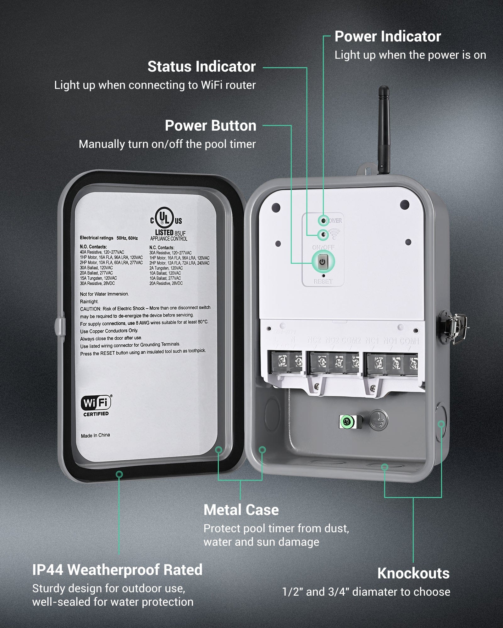 Pool Pump Timer with internal buttons and detailed functional descriptions for easy manual control and smart management.
