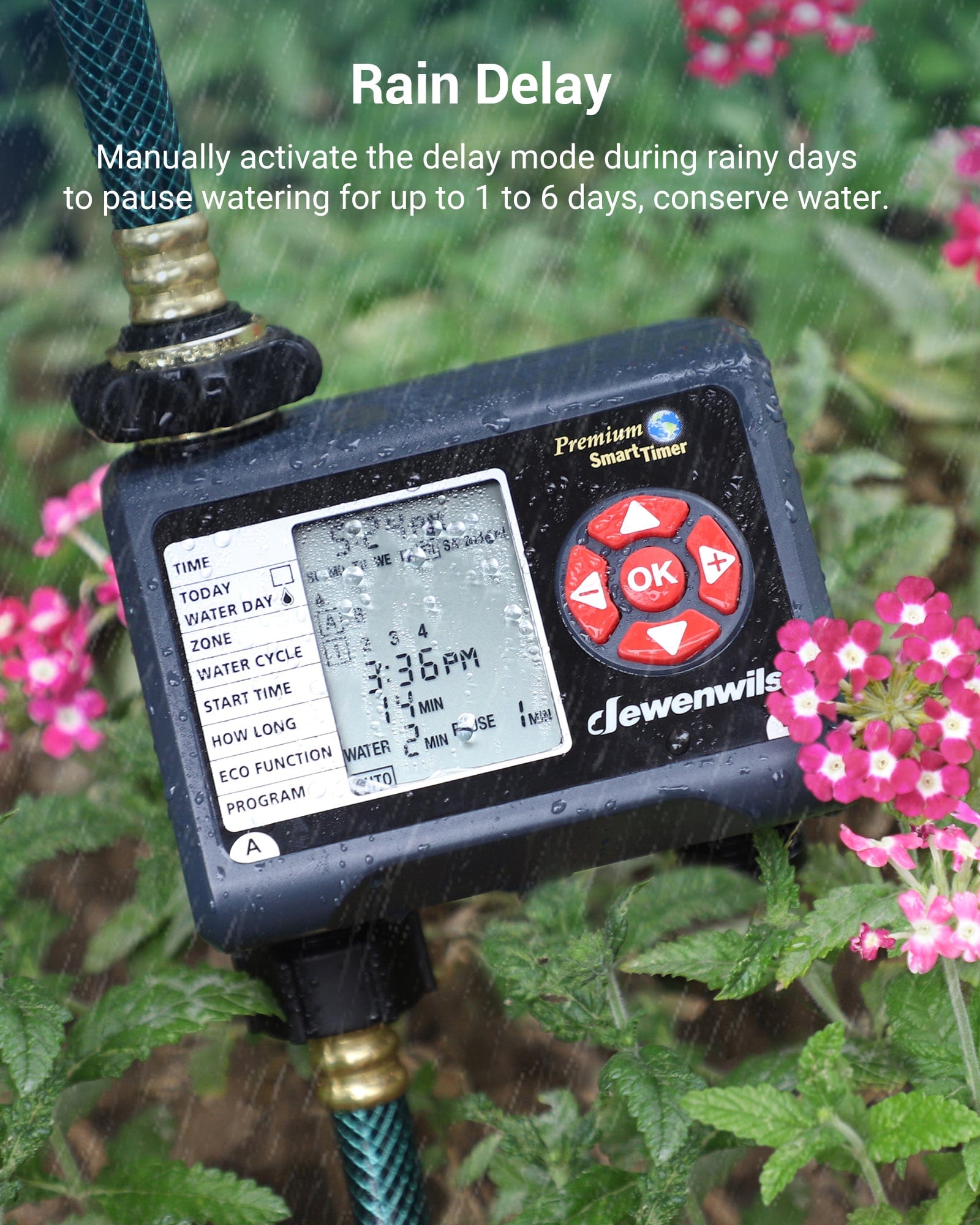 Sprinkler Timer: Rain delay lets you manually pause watering 1–6 days during rainy weather to save water.