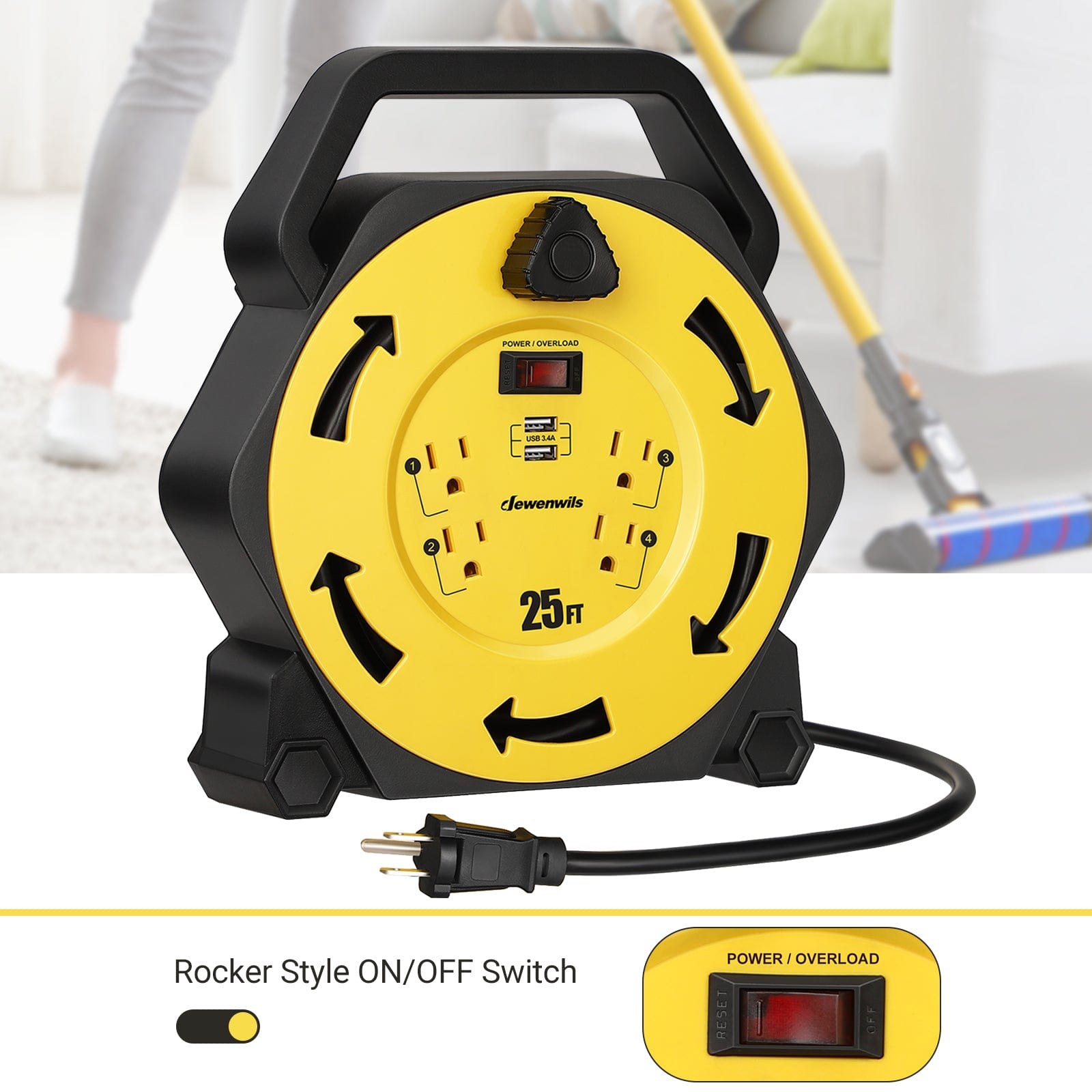 25ft extension cord reel with rocker style ON/OFF switch.