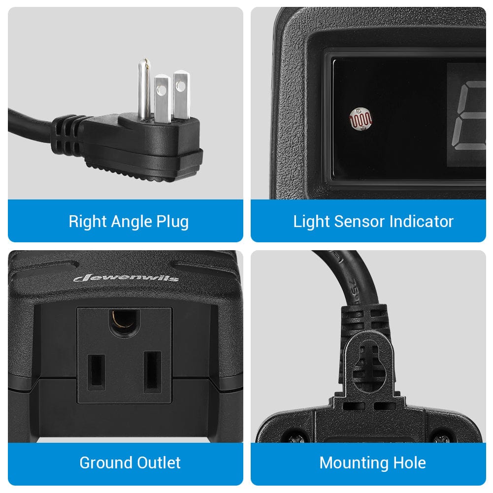 Outdoor Light Timer: Includes a space-saving right-angle plug, a light sensor indicator, and a grounded outlet. Features a mounting hole for secure setup