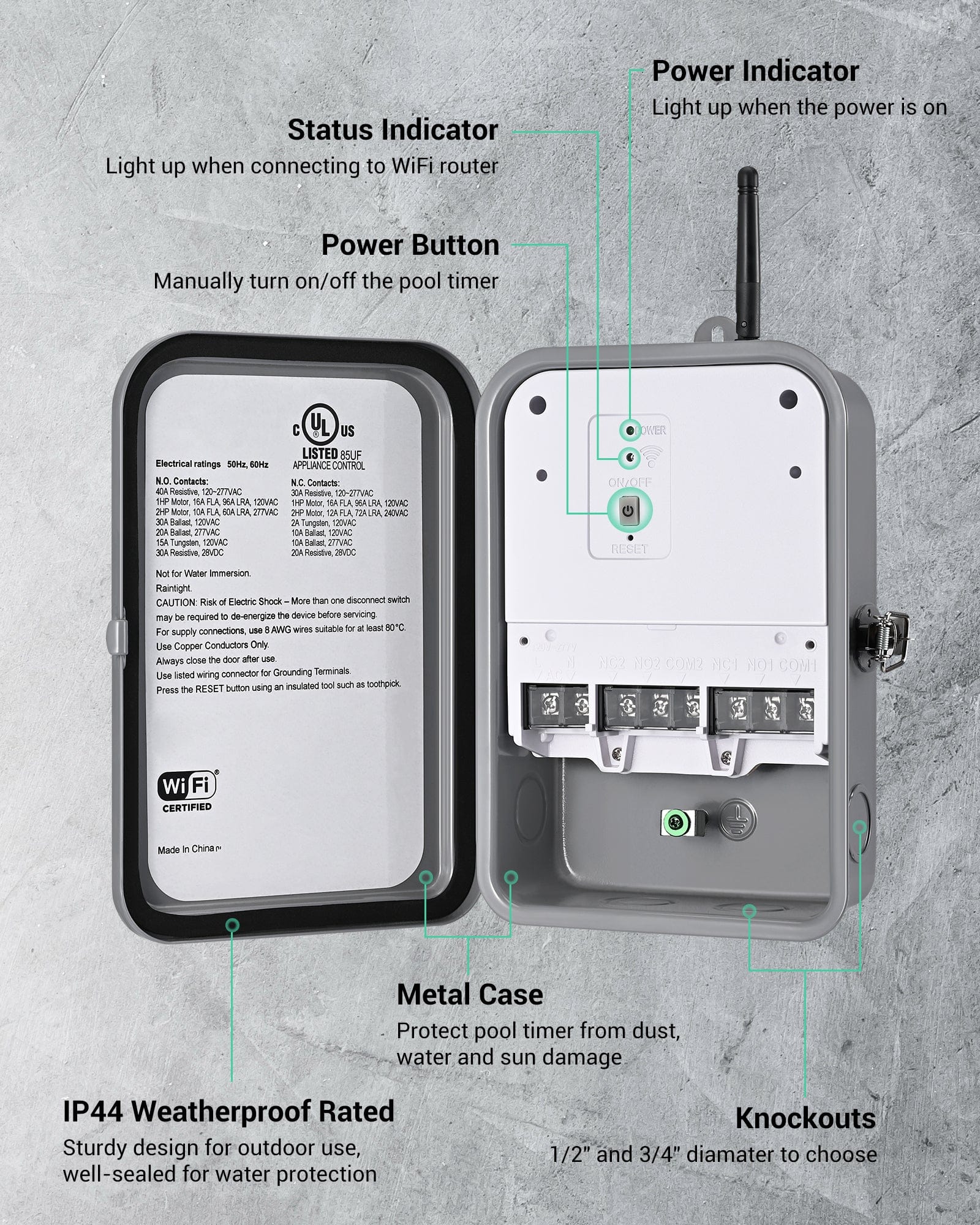 Pool Pump Timer with internal buttons and detailed functional descriptions for easy manual control and smart management.