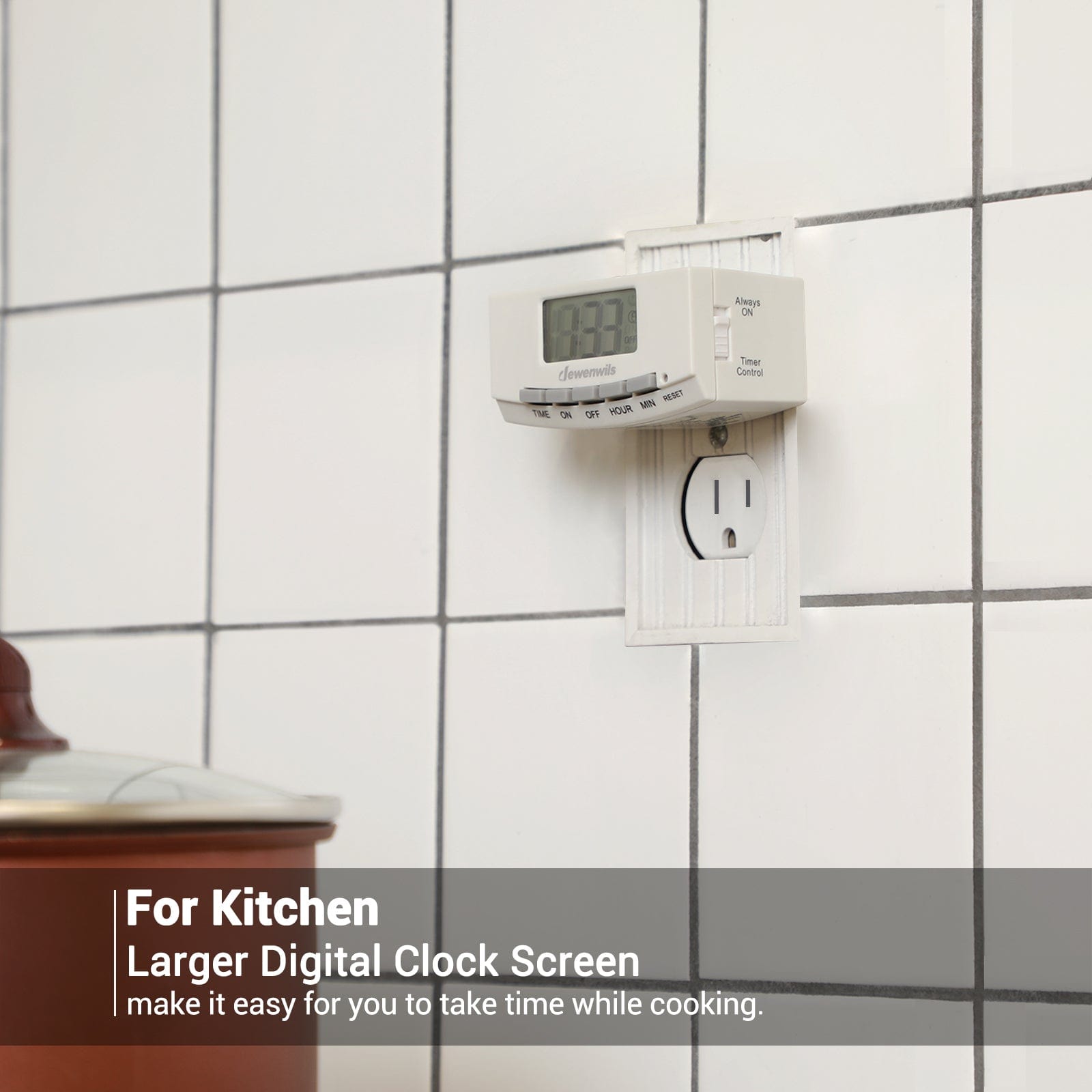 Indoor Outlet Timer: Features a large digital clock screen for easy timing while cooking. Perfect for the kitchen, it automates appliances with safety and precision.