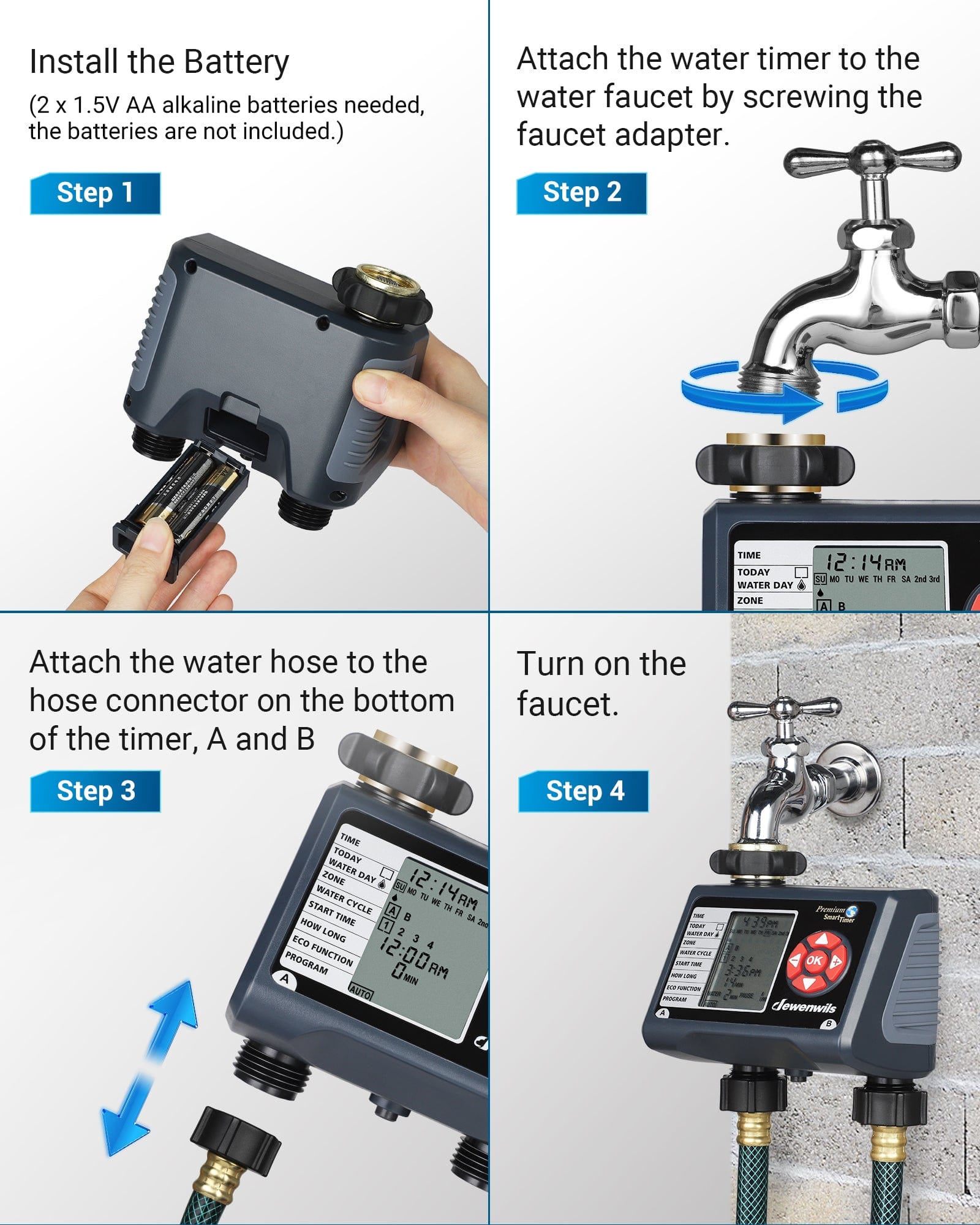 Sprinkler Timer: Easy installation with 2 AA batteries, attach timer to faucet, connect hose, and turn on water for quick setup.