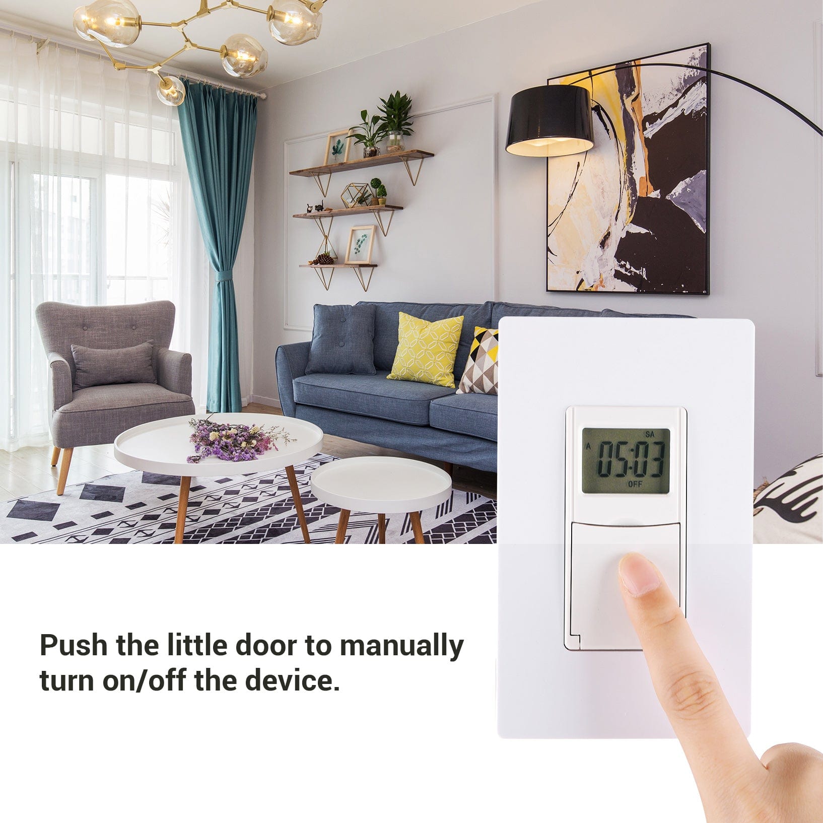 Timer Switch: Features a manual override; simply push the small door to turn your device on or off. Simple, convenient, and keeps you in full control.