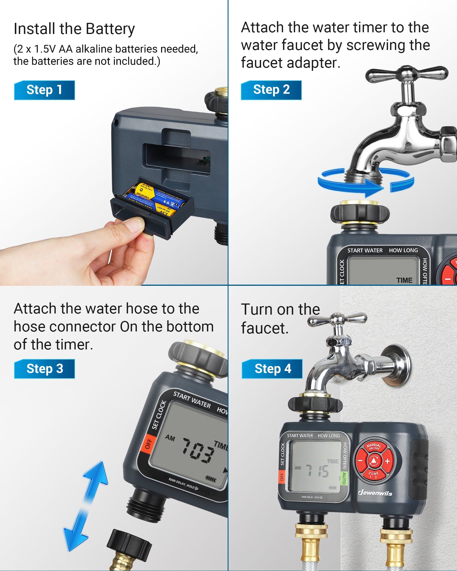 Sprinkler Timer: Easy installation with 2 AA batteries, attach timer to faucet, connect hose, and turn on water for quick setup.
