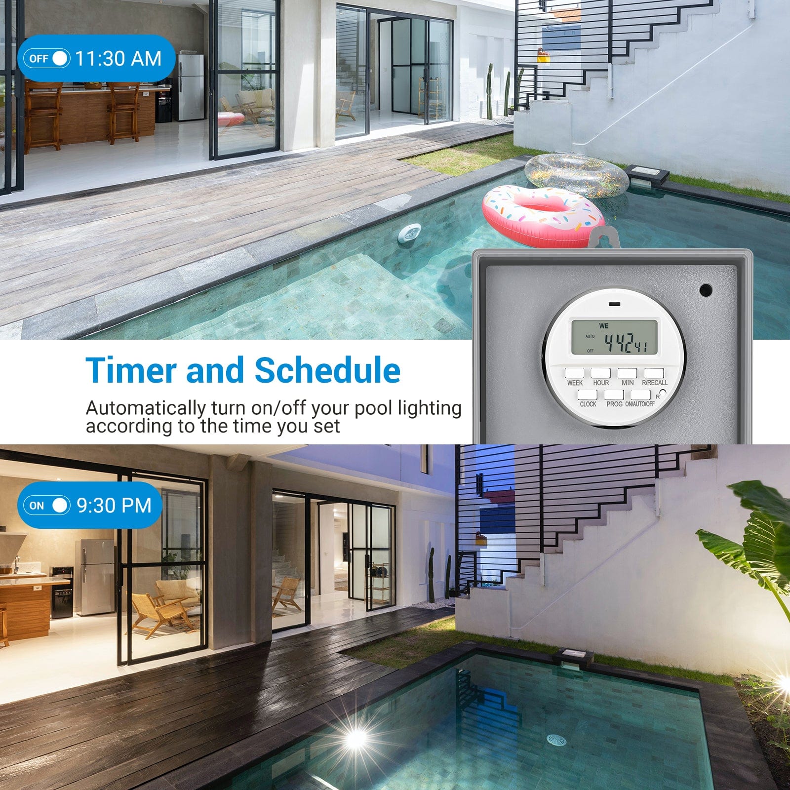 Digital pool timer: Custom 7-day schedules automate your pool lighting. Set specific times for lights to activate, maximizing energy efficiency and convenience.